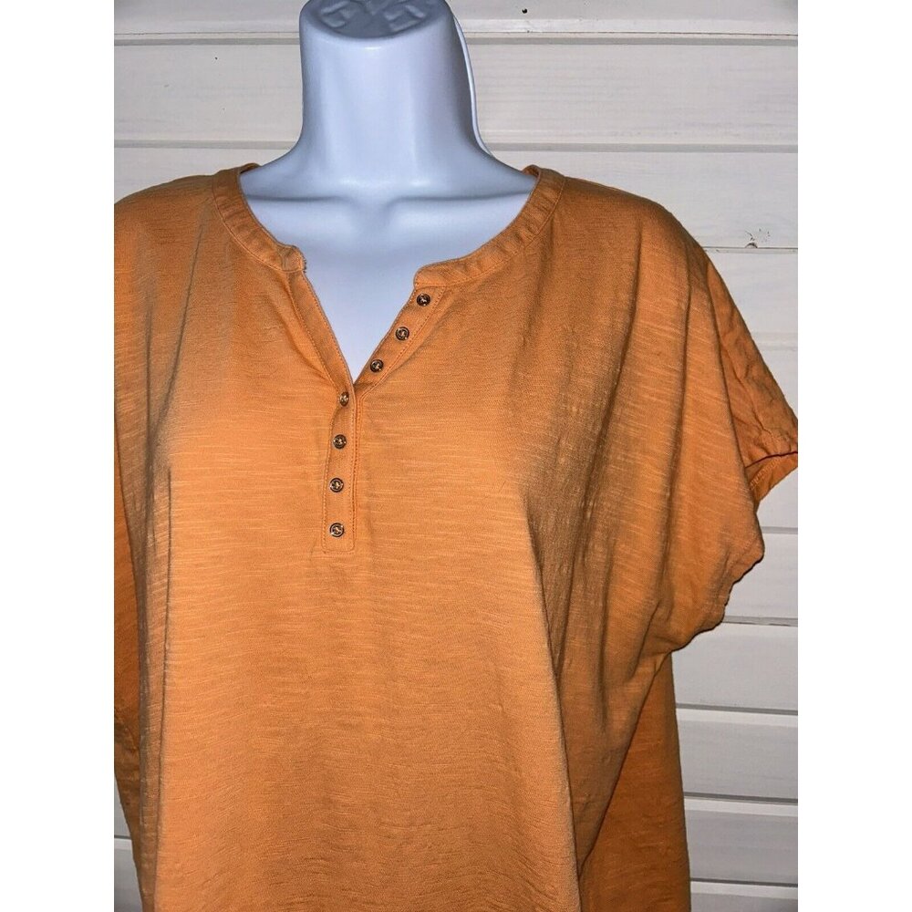 Chicos Sz 3 (XL) Orange Button Split Neck Cap Sleeve Tee 100% Cotton EUC